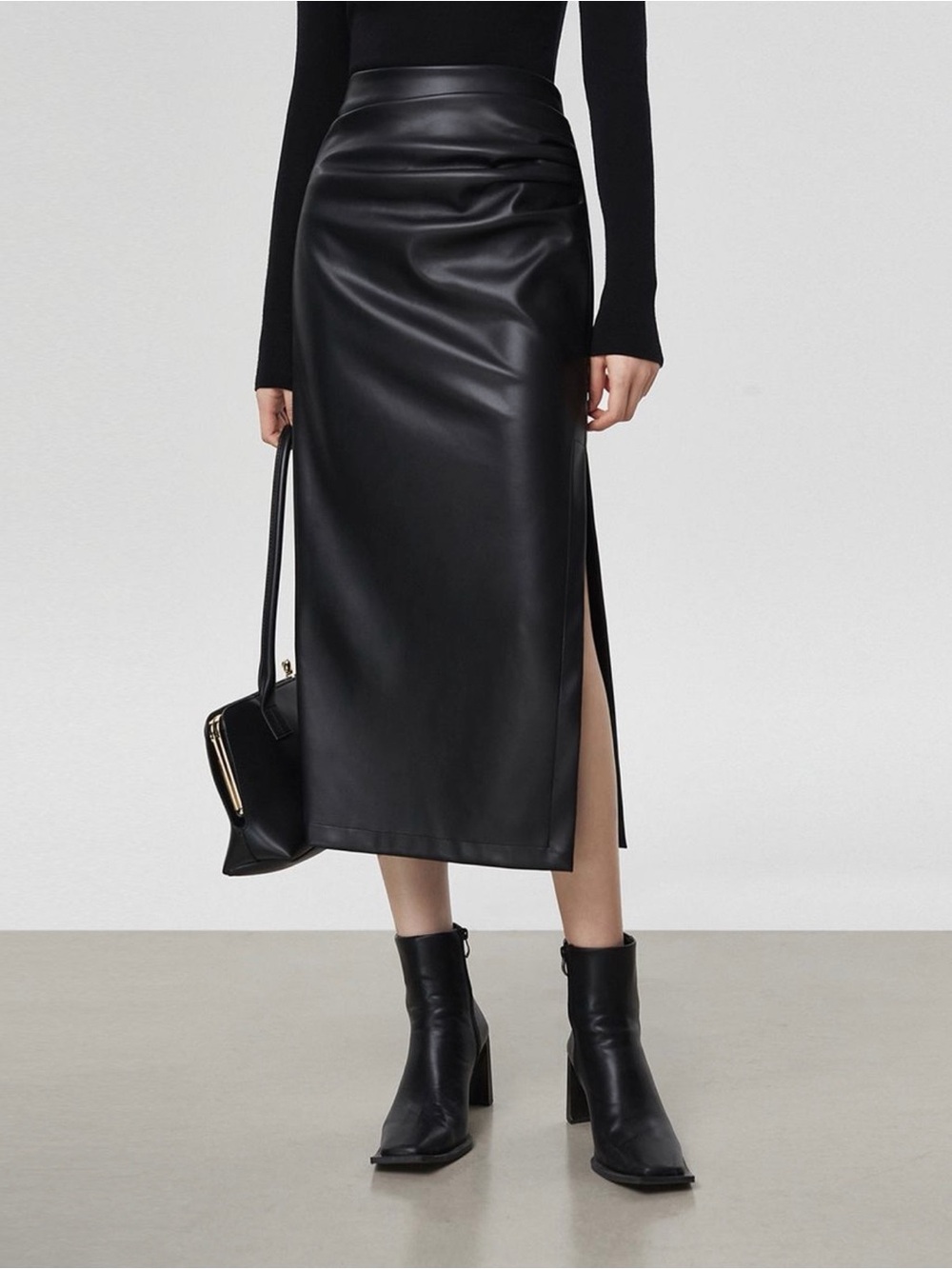 ✨COMMENSE✨Black Faux Leather Midi Skirt with Side Slit